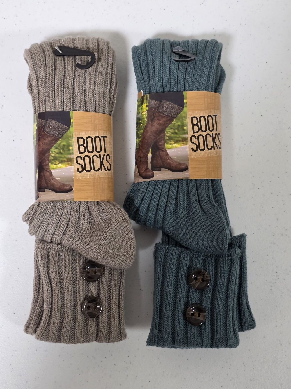 🍂🧦🤎 NWT Boot Socks Bundle 2 Pair Ribbed Knit Button Trim Taupe/Teal Cozy Fall